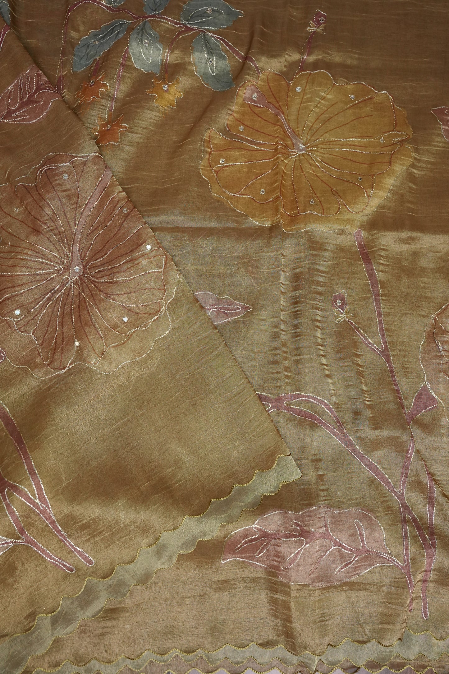 Gold Shade Glass Tissue Organza Designer Party Wear Saree