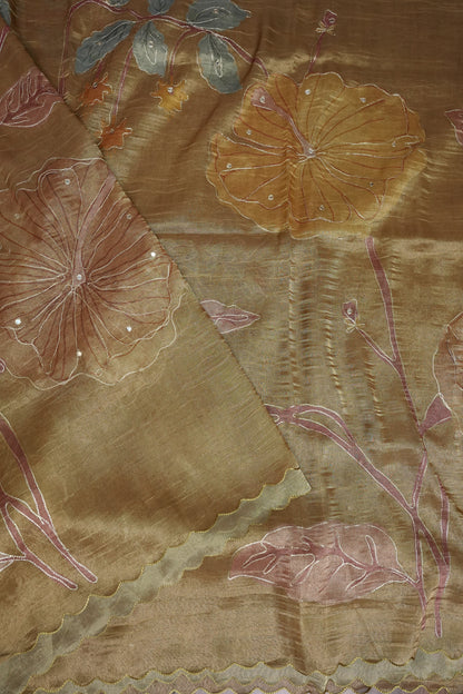 Gold Shade Glass Tissue Organza Designer Party Wear Saree