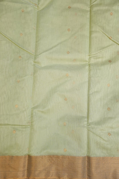Pure Chanderi Silk Saree with Zari Buttas & Tissue Border - Pastel Green