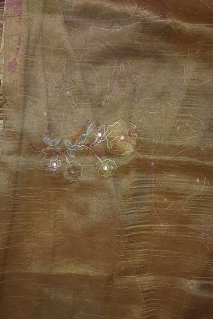 Gold Shade Glass Tissue Organza Designer Party Wear Saree