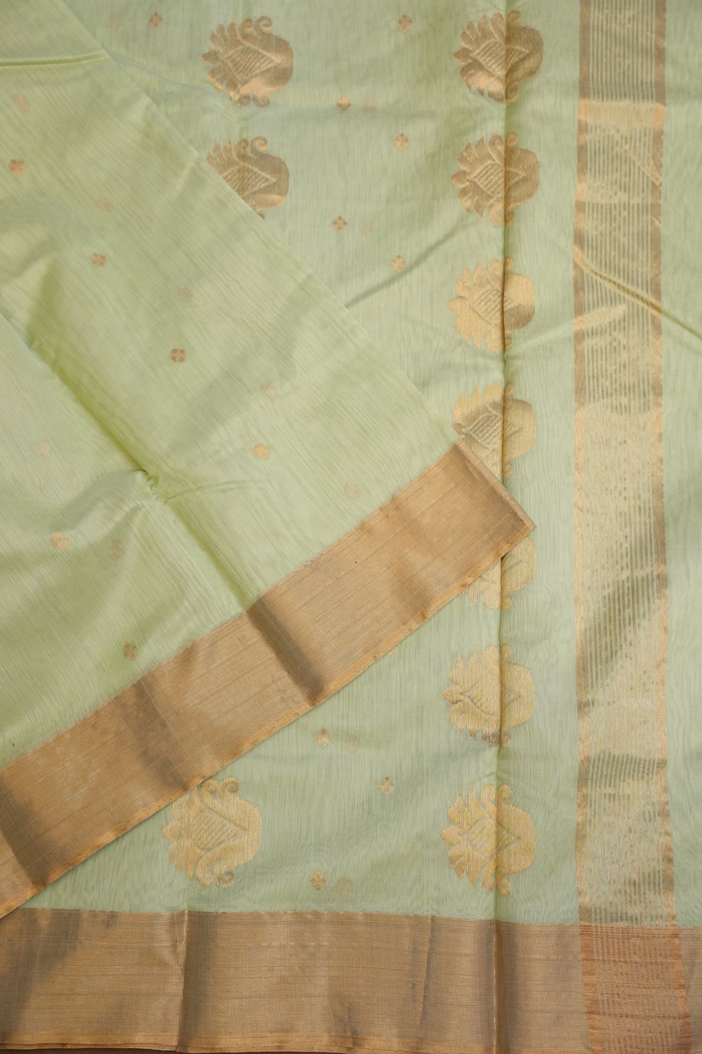 Pure Chanderi Silk Saree with Zari Buttas & Tissue Border - Pastel Green