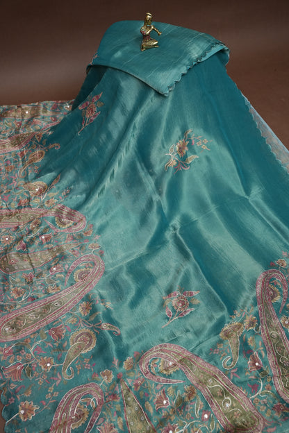 Teal Blue Glass Tissue Organza Designer Party Wear Saree