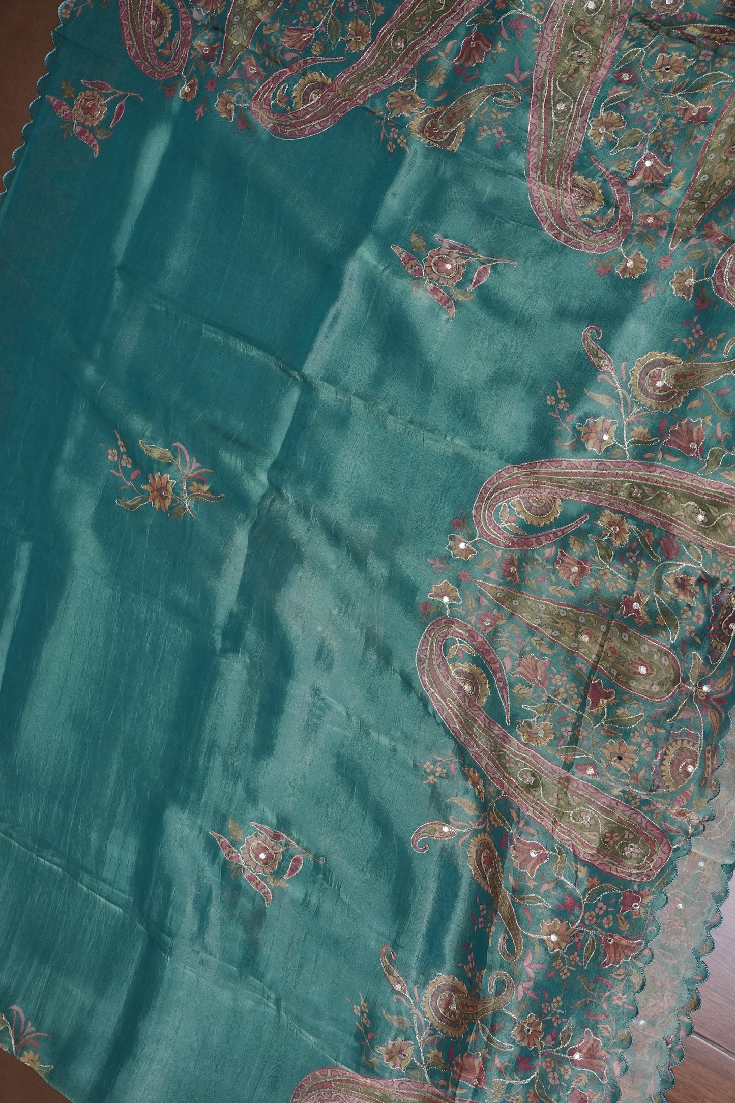 Teal Blue Glass Tissue Organza Designer Party Wear Saree