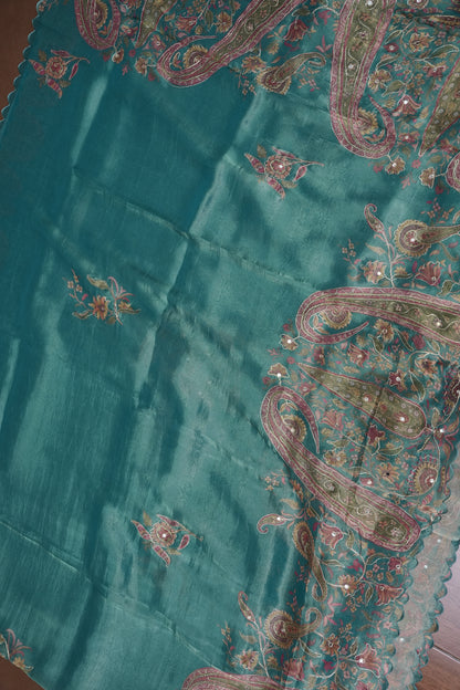 Teal Blue Glass Tissue Organza Designer Party Wear Saree