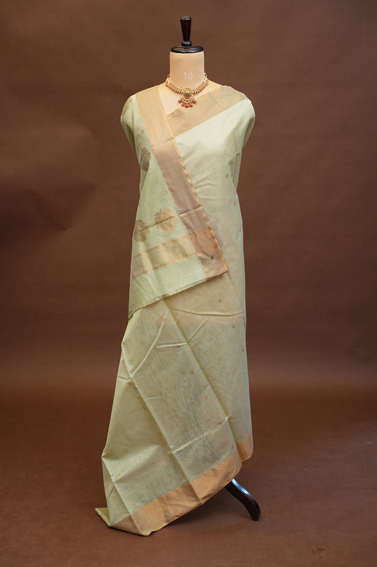 Pure Chanderi Silk Saree with Zari Buttas & Tissue Border - Pastel Green