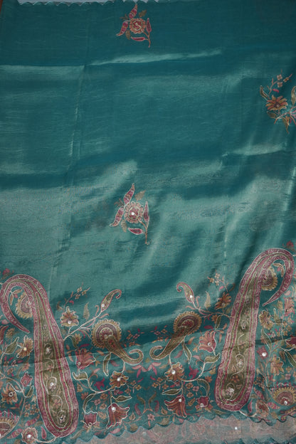 Teal Blue Glass Tissue Organza Designer Party Wear Saree