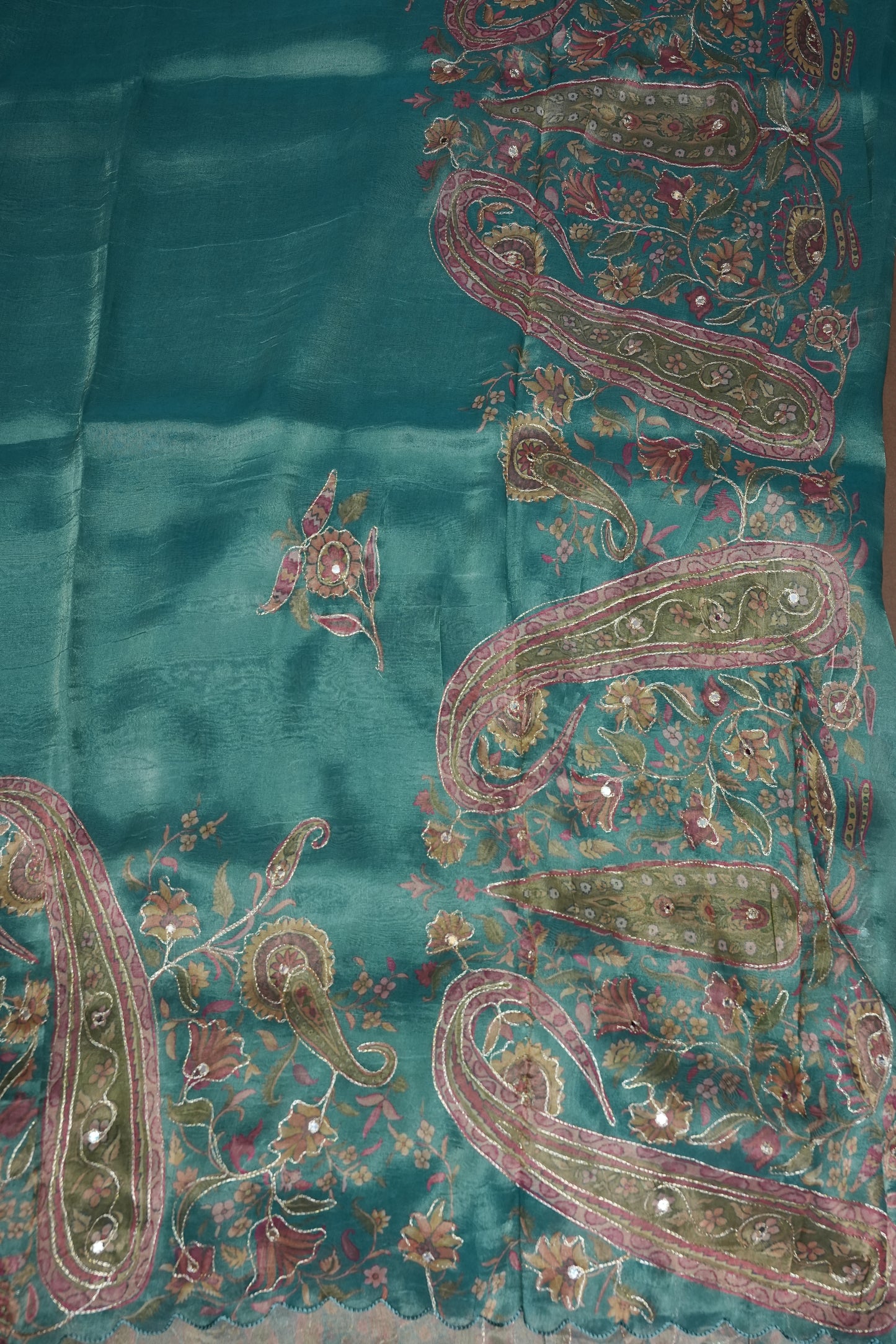 Teal Blue Glass Tissue Organza Designer Party Wear Saree