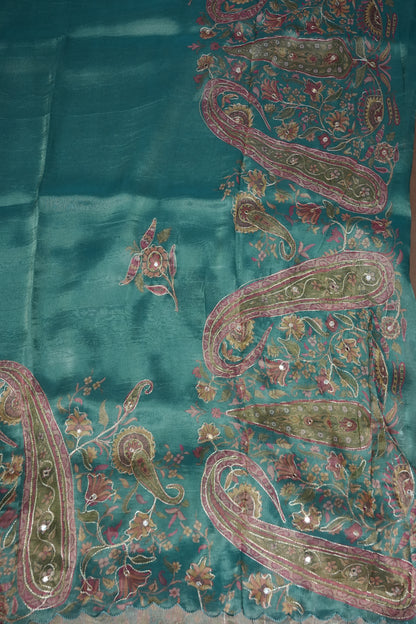 Teal Blue Glass Tissue Organza Designer Party Wear Saree