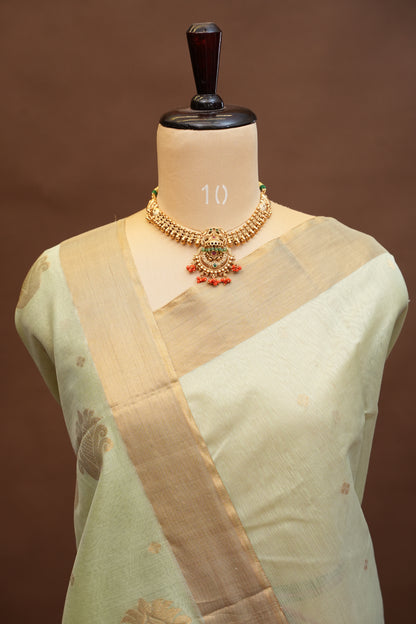 Pure Chanderi Silk Saree with Zari Buttas & Tissue Border - Pastel Green
