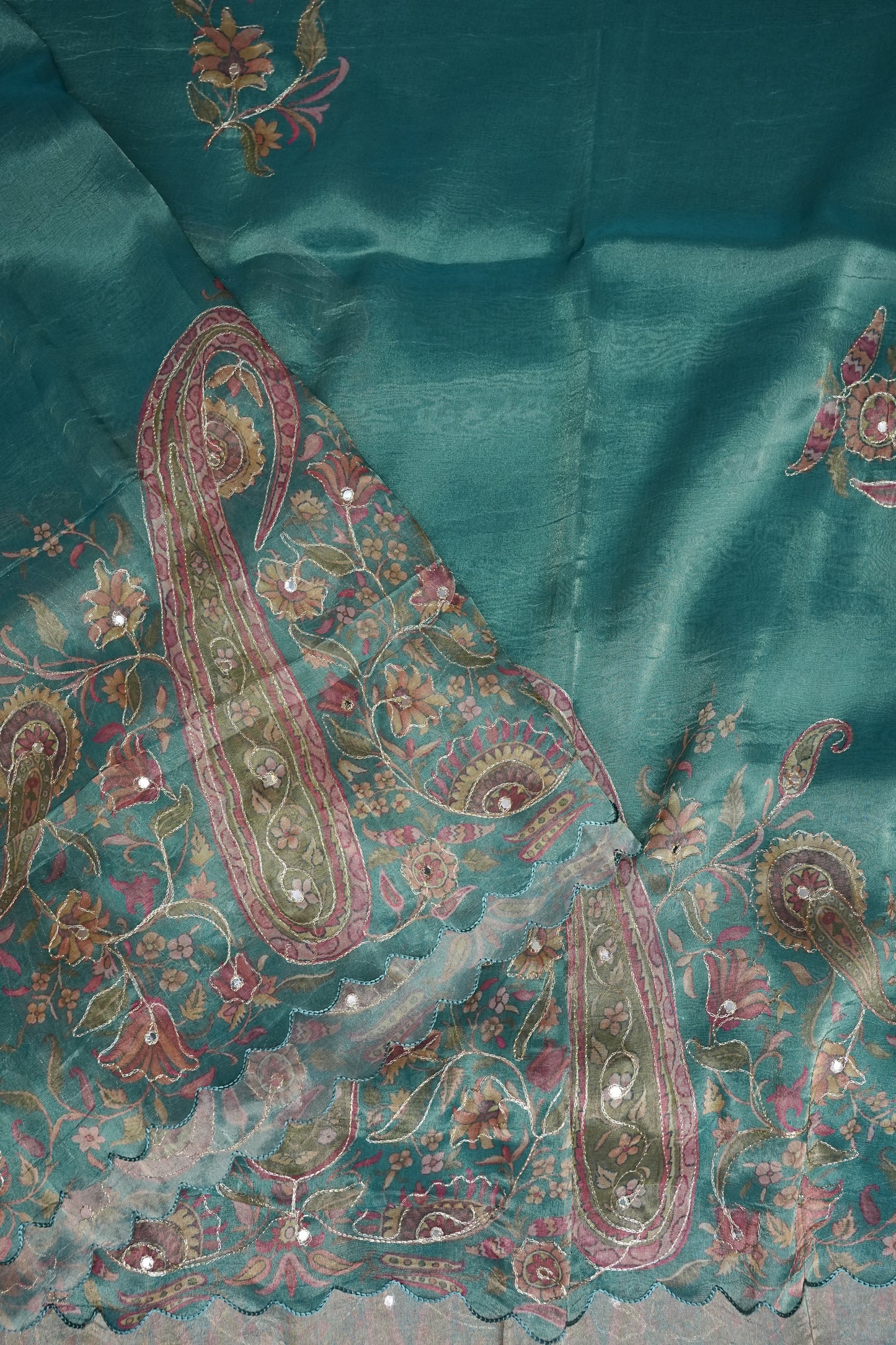 Teal Blue Glass Tissue Organza Designer Party Wear Saree