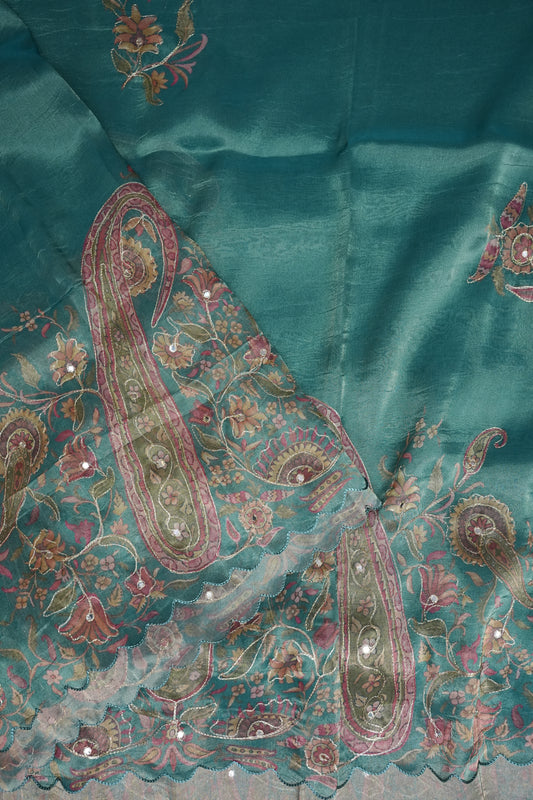 Teal Blue Glass Tissue Organza Designer Party Wear Saree