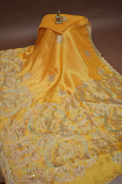 Bright Mustard Gold Glass Tissue Organza Designer Party Wear Saree