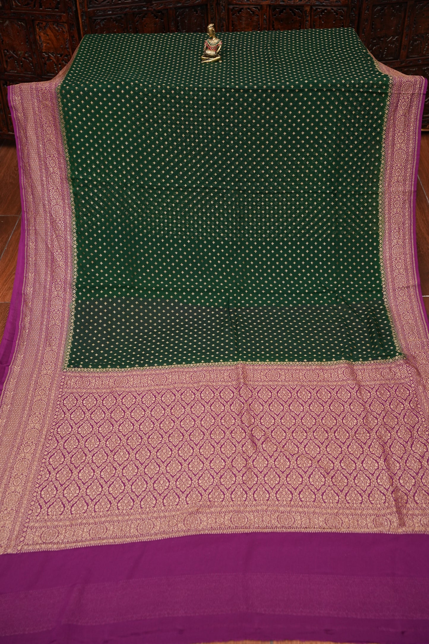 Pure Khadi Georgette Banarasi Saree - Bottle Green & Magenta