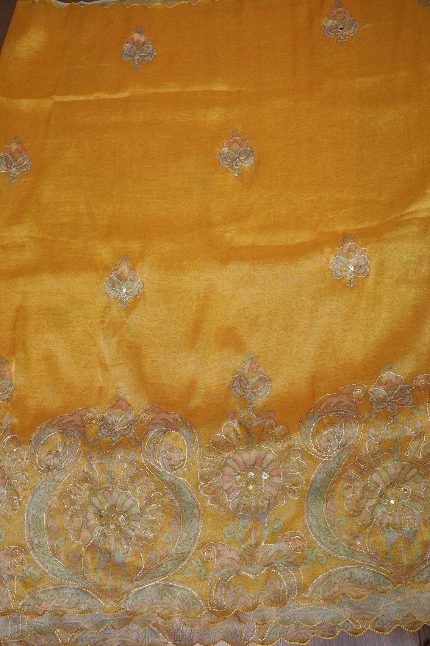 Bright Mustard Gold Glass Tissue Organza Designer Party Wear Saree