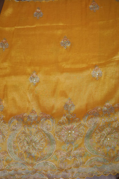 Bright Mustard Gold Glass Tissue Organza Designer Party Wear Saree