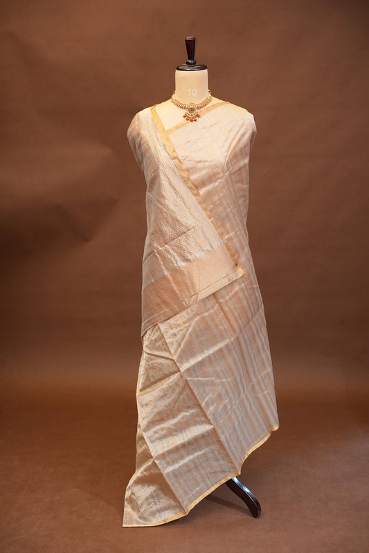Pure Chanderi Silk Saree with Zari Buttas & Tissue Border - Ivory & Gold