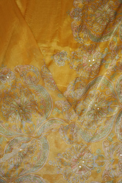 Bright Mustard Gold Glass Tissue Organza Designer Party Wear Saree