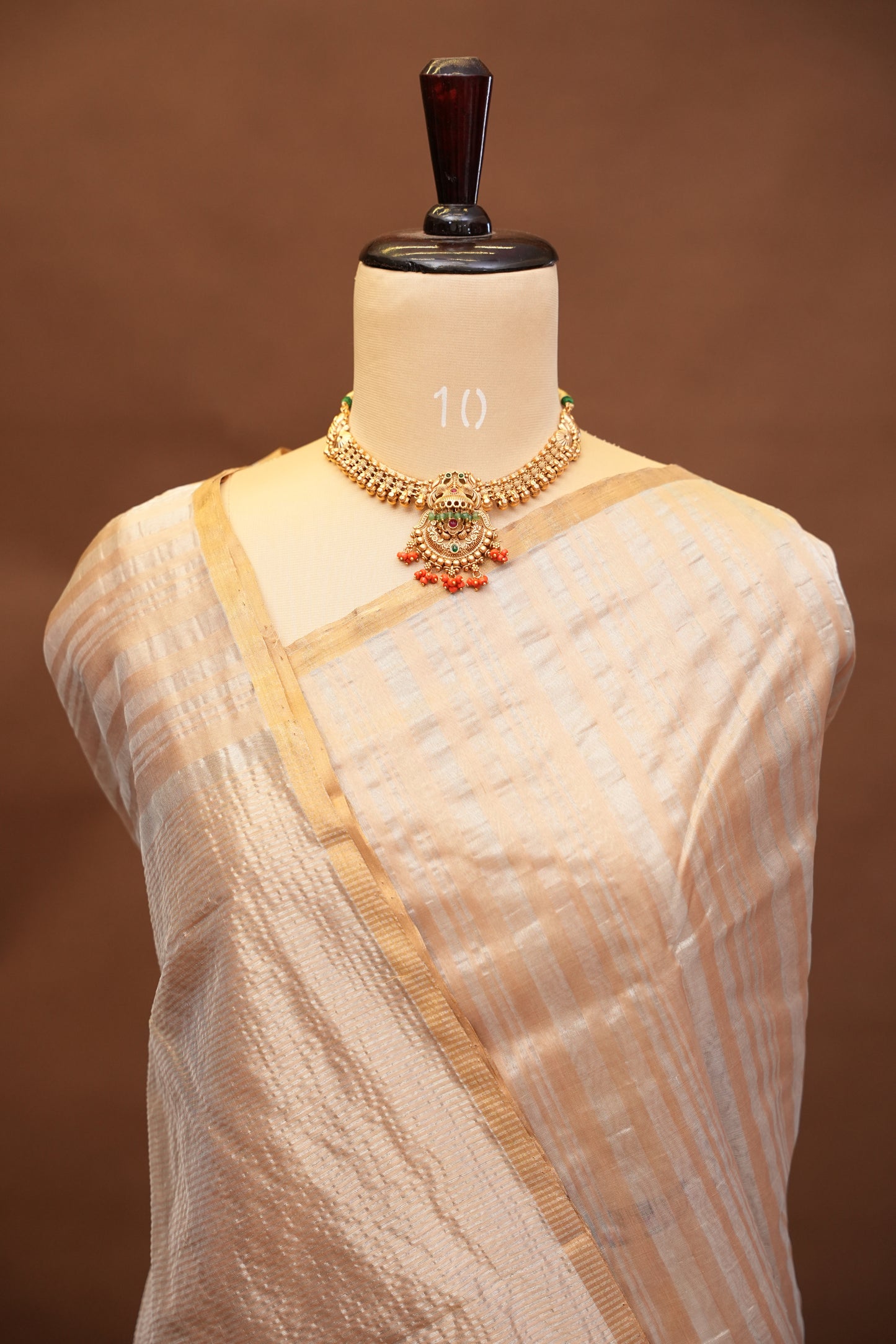 Pure Chanderi Silk Saree with Zari Buttas & Tissue Border - Ivory & Gold