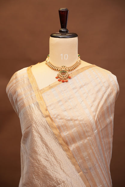 Pure Chanderi Silk Saree with Zari Buttas & Tissue Border - Ivory & Gold