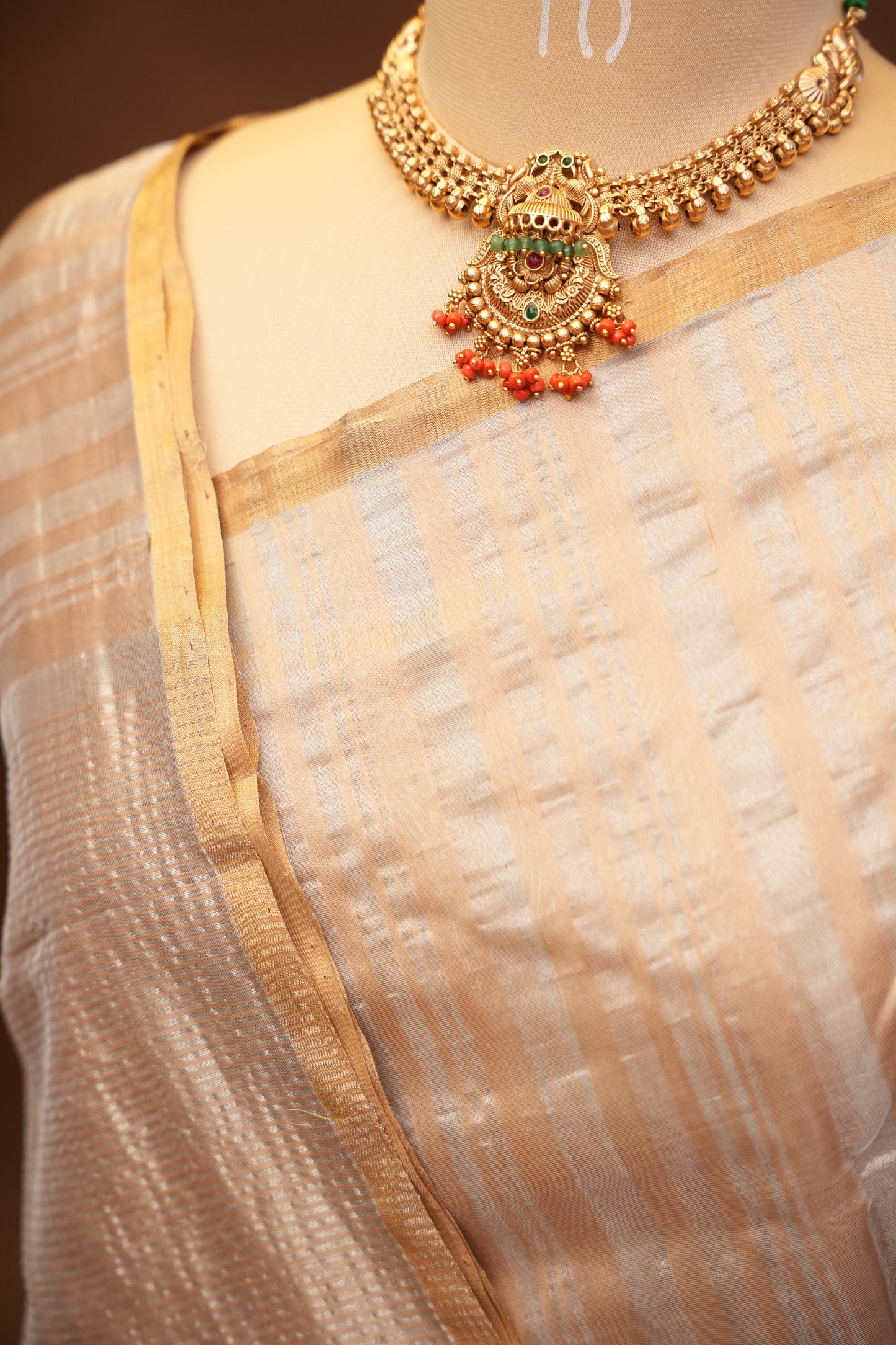 Pure Chanderi Silk Saree with Zari Buttas & Tissue Border - Ivory & Gold