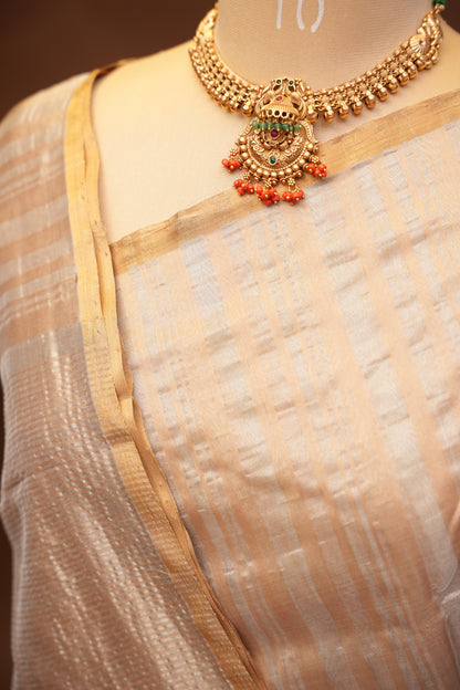 Pure Chanderi Silk Saree with Zari Buttas & Tissue Border - Ivory & Gold