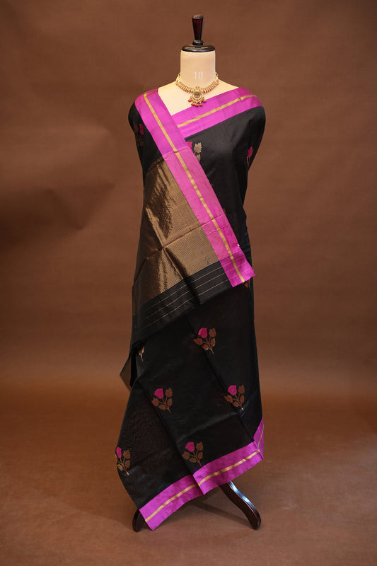 Pure Chanderi Silk Saree with Zari Buttas & Tissue Border - Black & Hot Pink