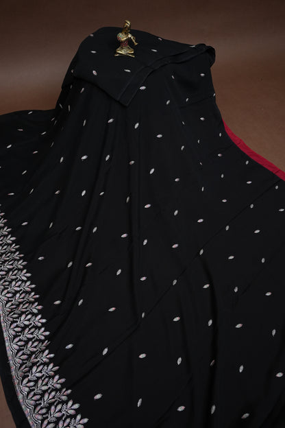 Classic Black Turkey Chiffon Saree with Delicate Leaf Embroidery