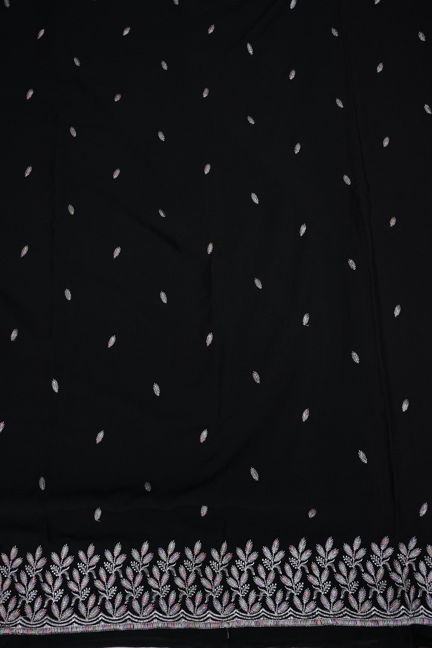 Classic Black Turkey Chiffon Saree with Delicate Leaf Embroidery