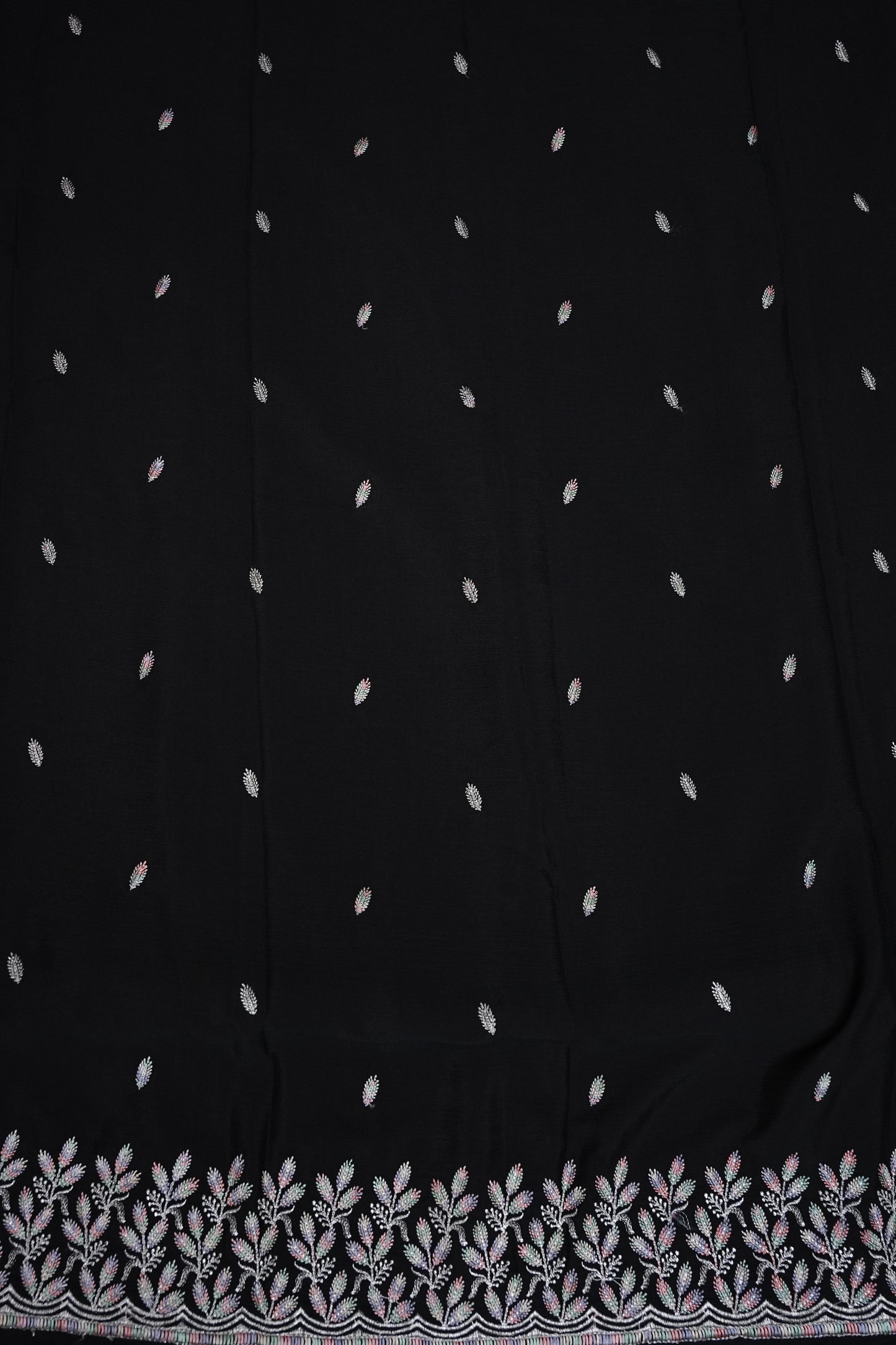 Classic Black Turkey Chiffon Saree with Delicate Leaf Embroidery