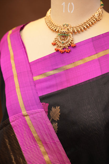 Pure Chanderi Silk Saree with Zari Buttas & Tissue Border - Black & Hot Pink