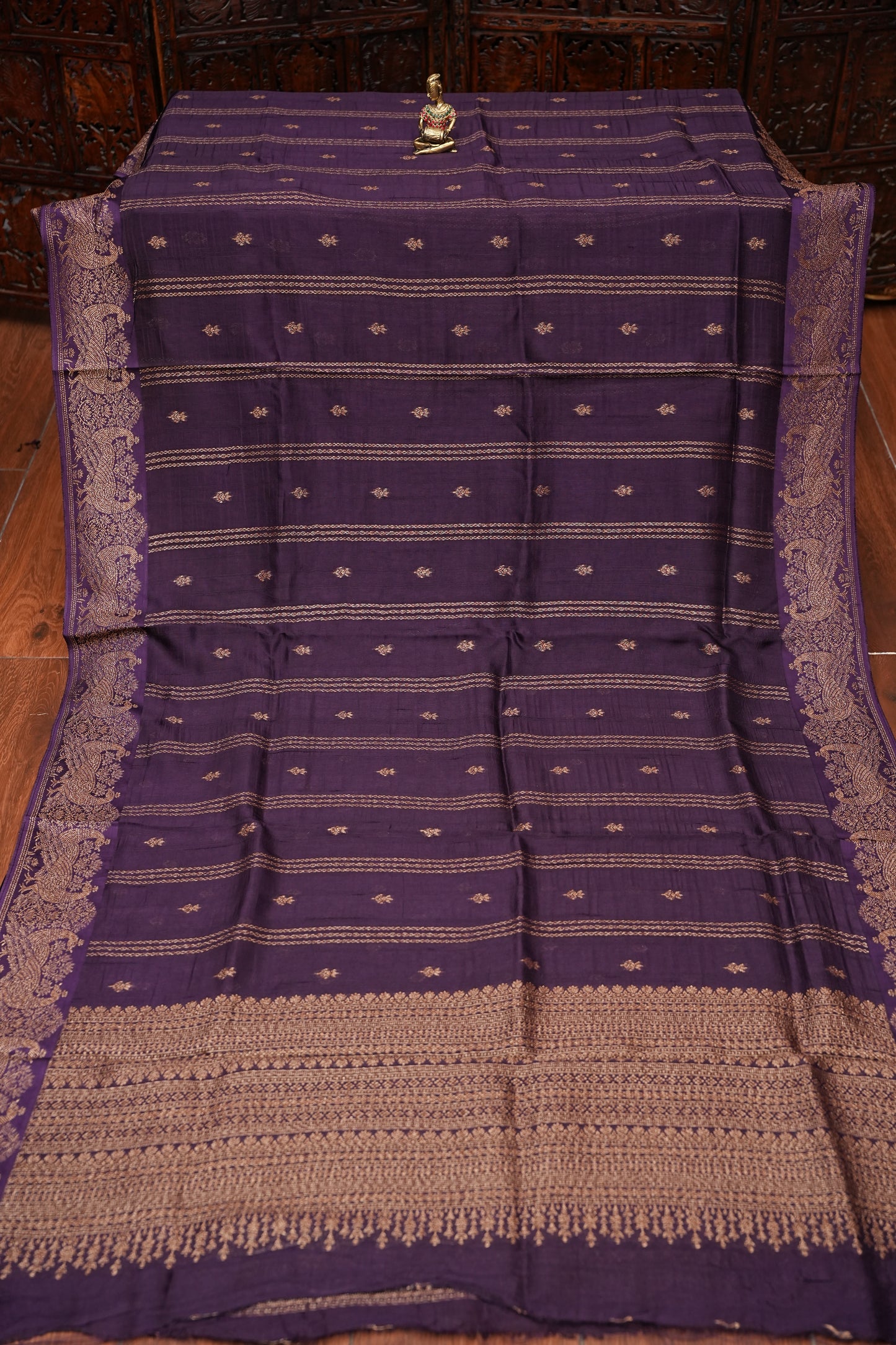 Tussar Banarasi Raw Silk Saree with Handloom Peacock Border – Deep Purple