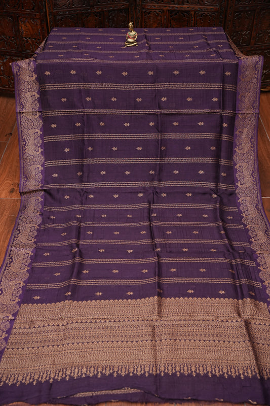 Tussar Banarasi Raw Silk Saree with Handloom Peacock Border – Deep Purple