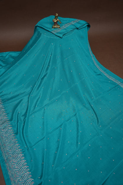 Turquoise Blue Turkey Chiffon Saree with Silver Woven Buttas & Elegant Border