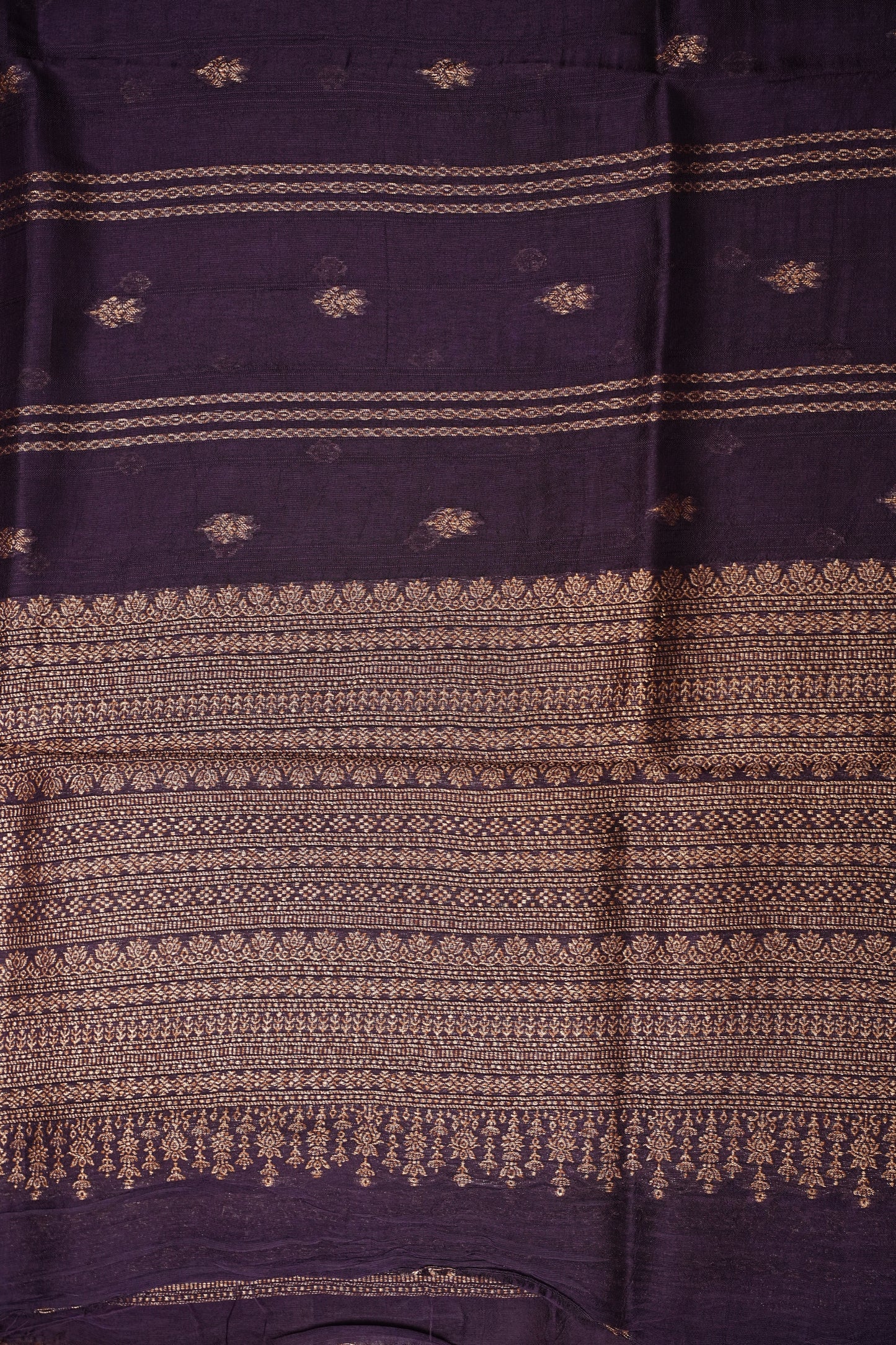 Tussar Banarasi Raw Silk Saree with Handloom Peacock Border – Deep Purple