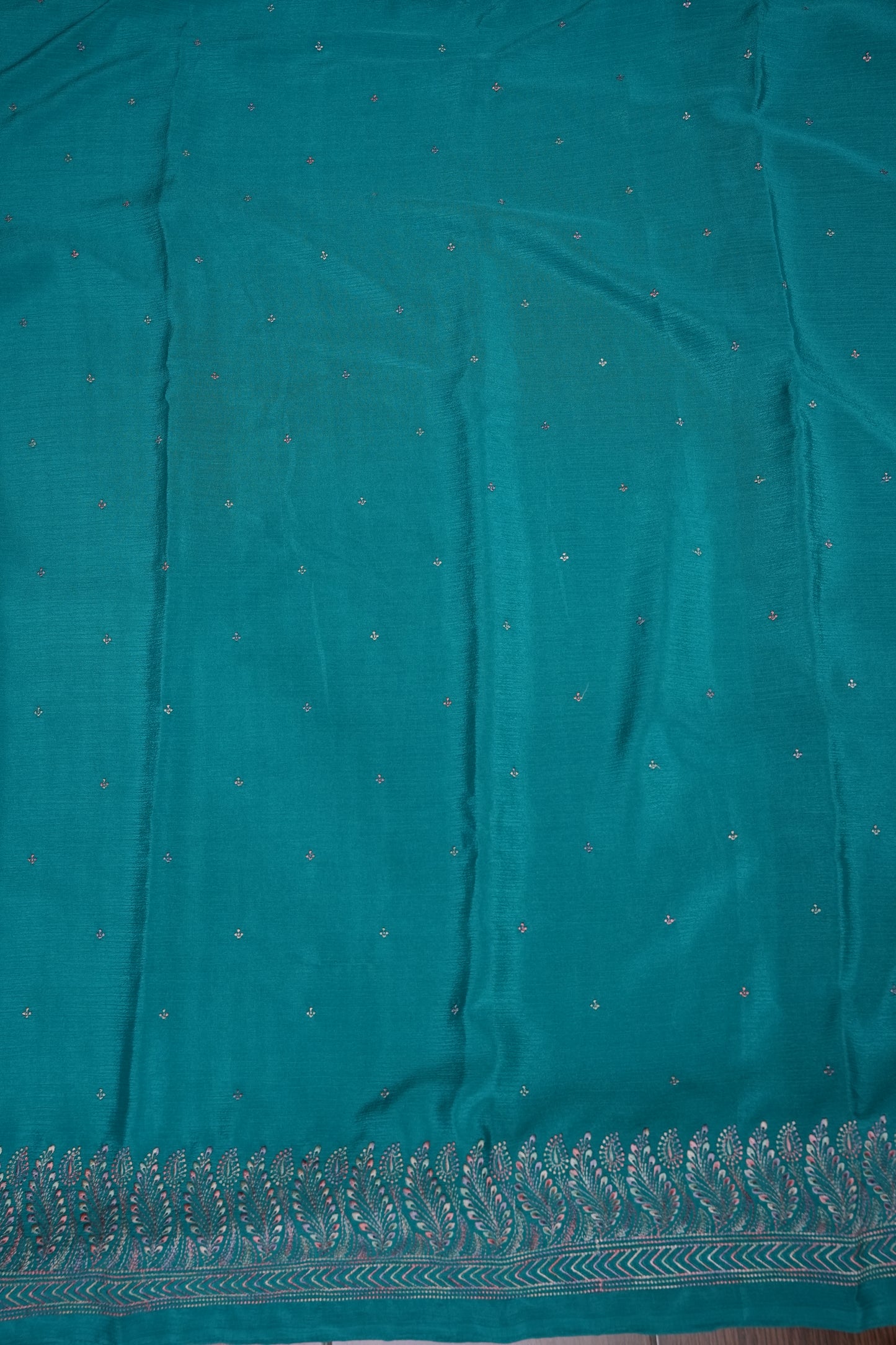 Turquoise Blue Turkey Chiffon Saree with Silver Woven Buttas & Elegant Border