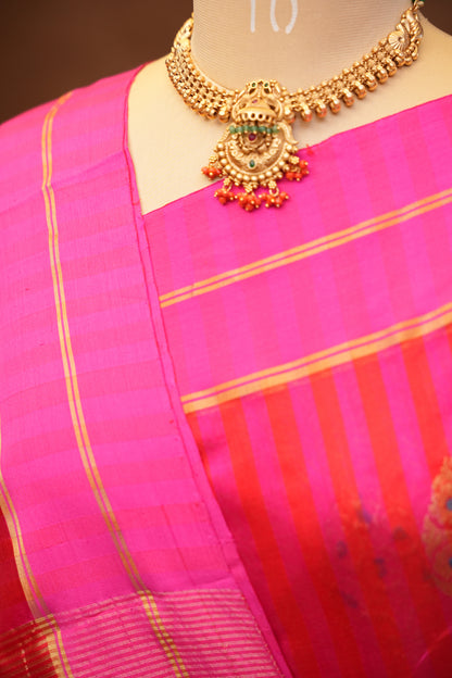 Pure Chanderi Silk Saree with Zari Buttas & Tissue Border - Bright Pink