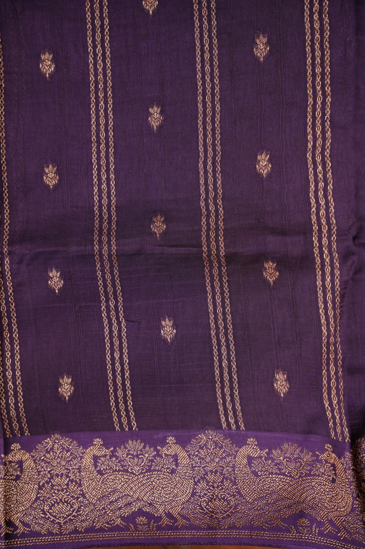 Tussar Banarasi Raw Silk Saree with Handloom Peacock Border – Deep Purple