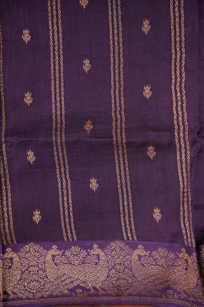 Tussar Banarasi Raw Silk Saree with Handloom Peacock Border – Deep Purple