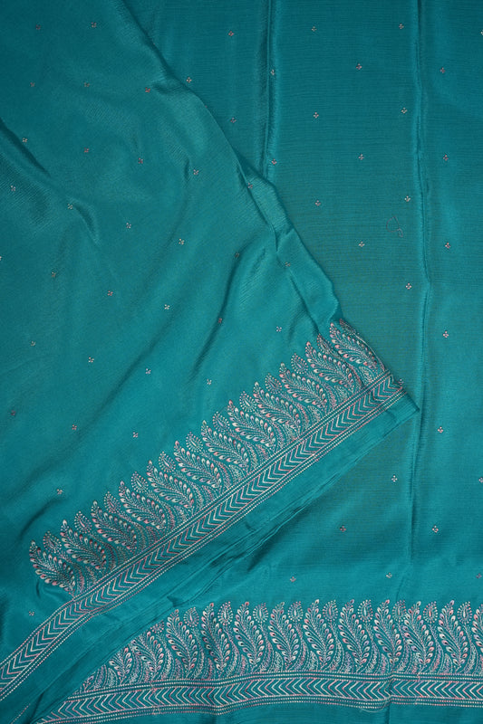 Turquoise Blue Turkey Chiffon Saree with Silver Woven Buttas & Elegant Border