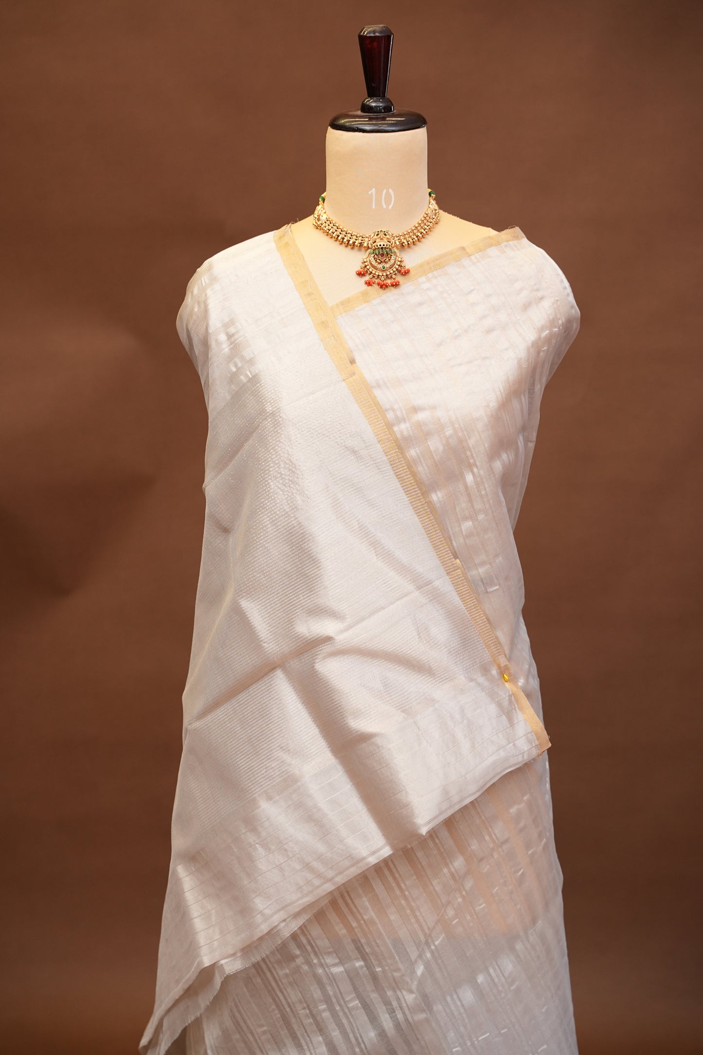 Pure Chanderi Silk Saree with Subtle Stripes & Tissue Border - Ivory Cream