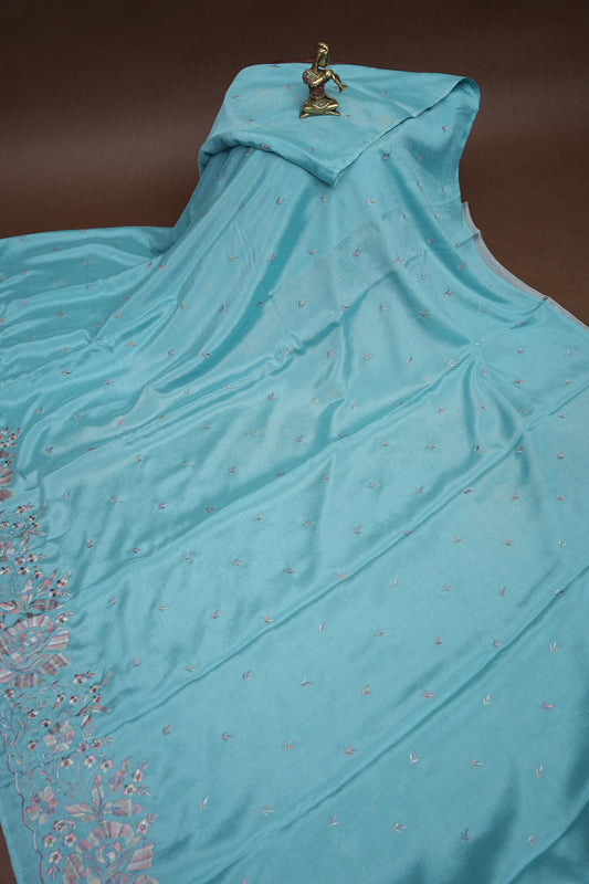 Sky Blue Turkey Chiffon Saree with Floral Embroidered Border
