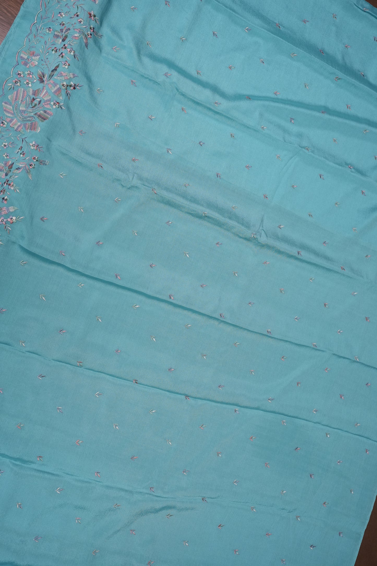 Sky Blue Turkey Chiffon Saree with Floral Embroidered Border