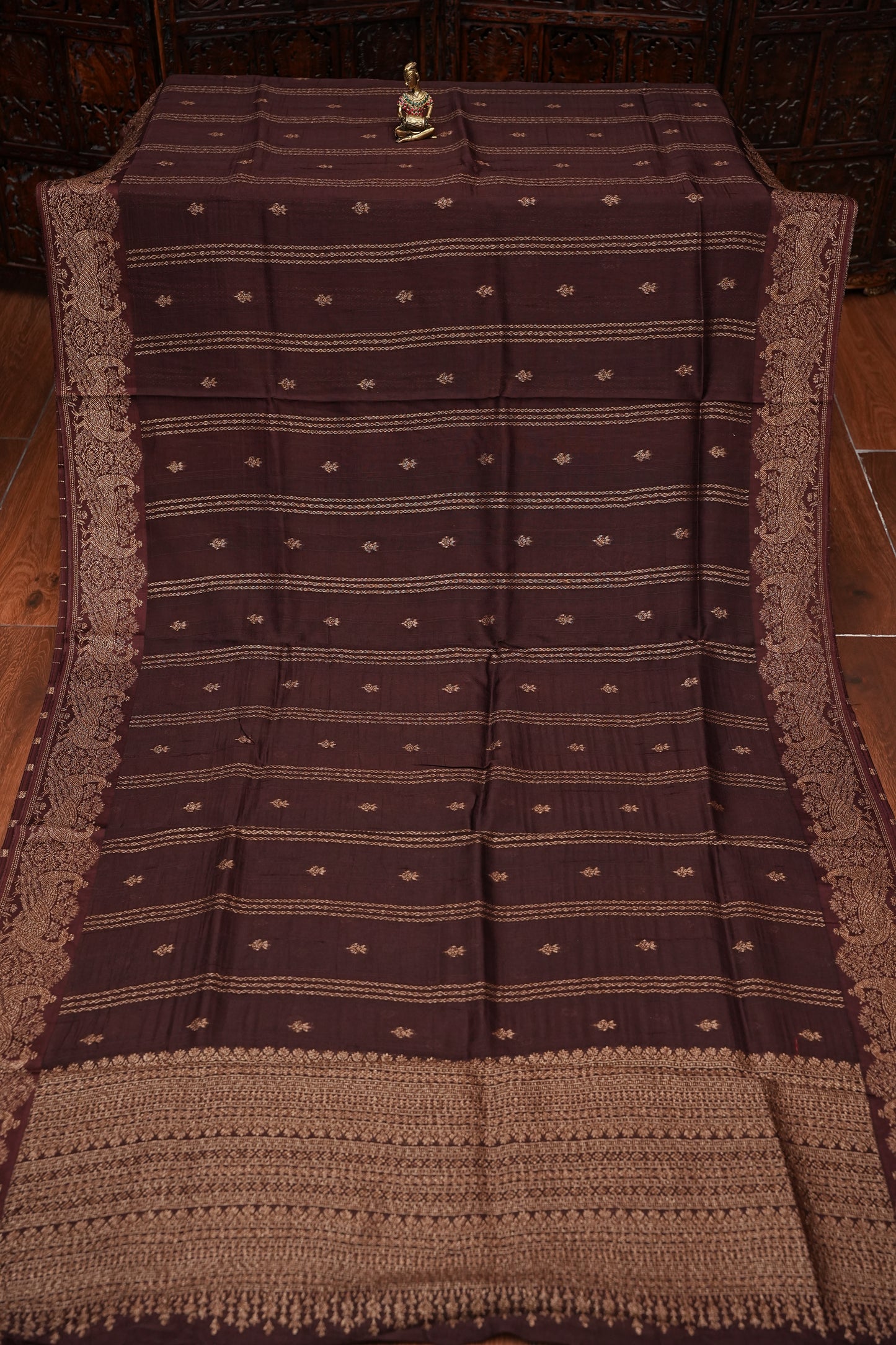 Tussar Banarasi Raw Silk Saree with Handloom Peacock Border – Coffee Brown