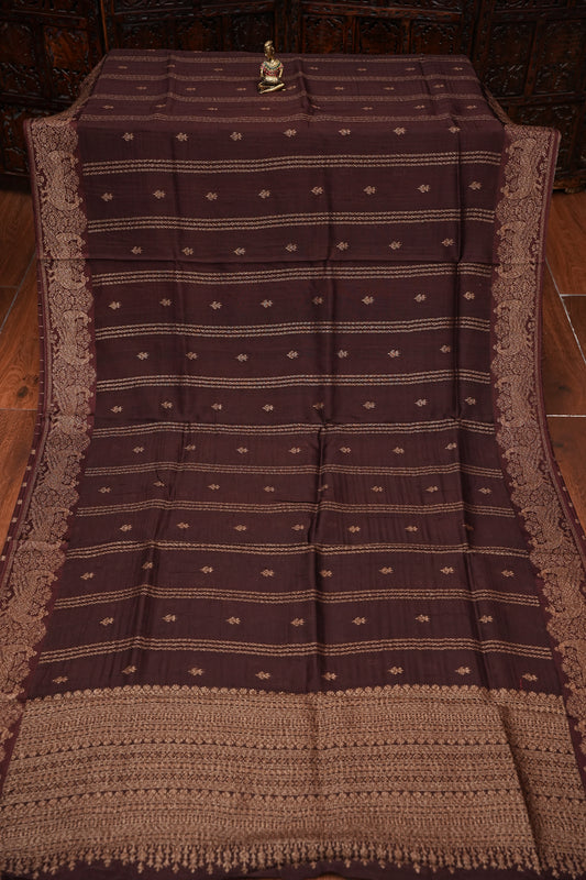 Tussar Banarasi Raw Silk Saree with Handloom Peacock Border – Coffee Brown