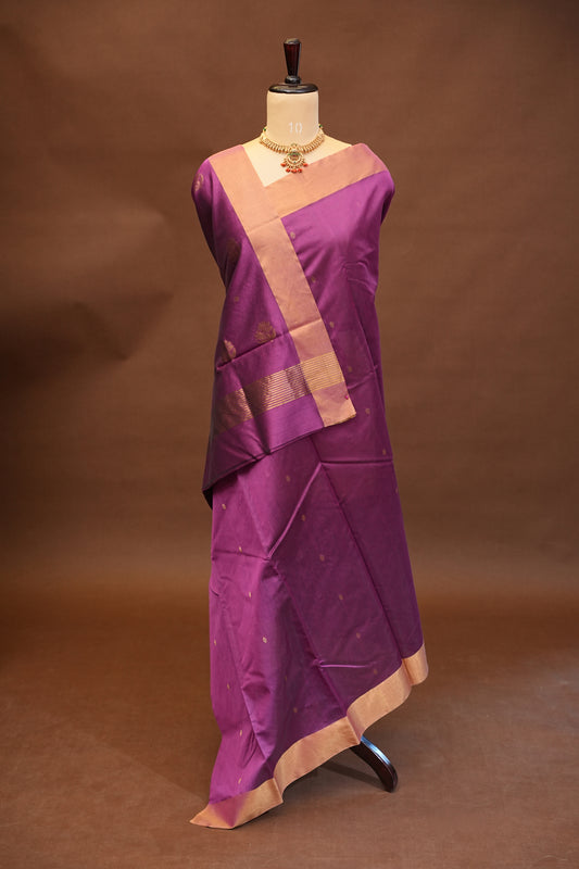 Pure Chanderi Silk Saree with Zari Buttas & Tissue Border - Orchid Pink