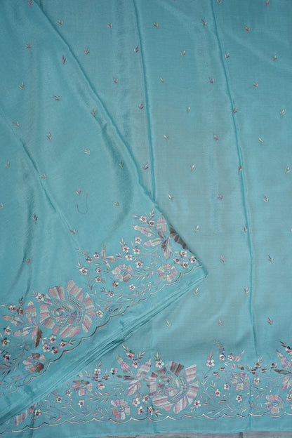 Sky Blue Turkey Chiffon Saree with Floral Embroidered Border