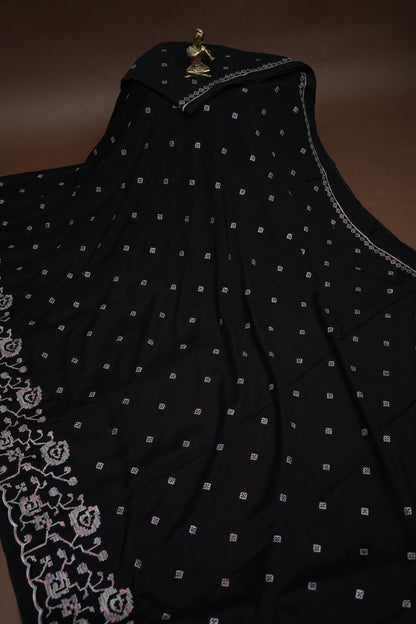 Black Turkey Chiffon Saree with Floral Embroidered Border