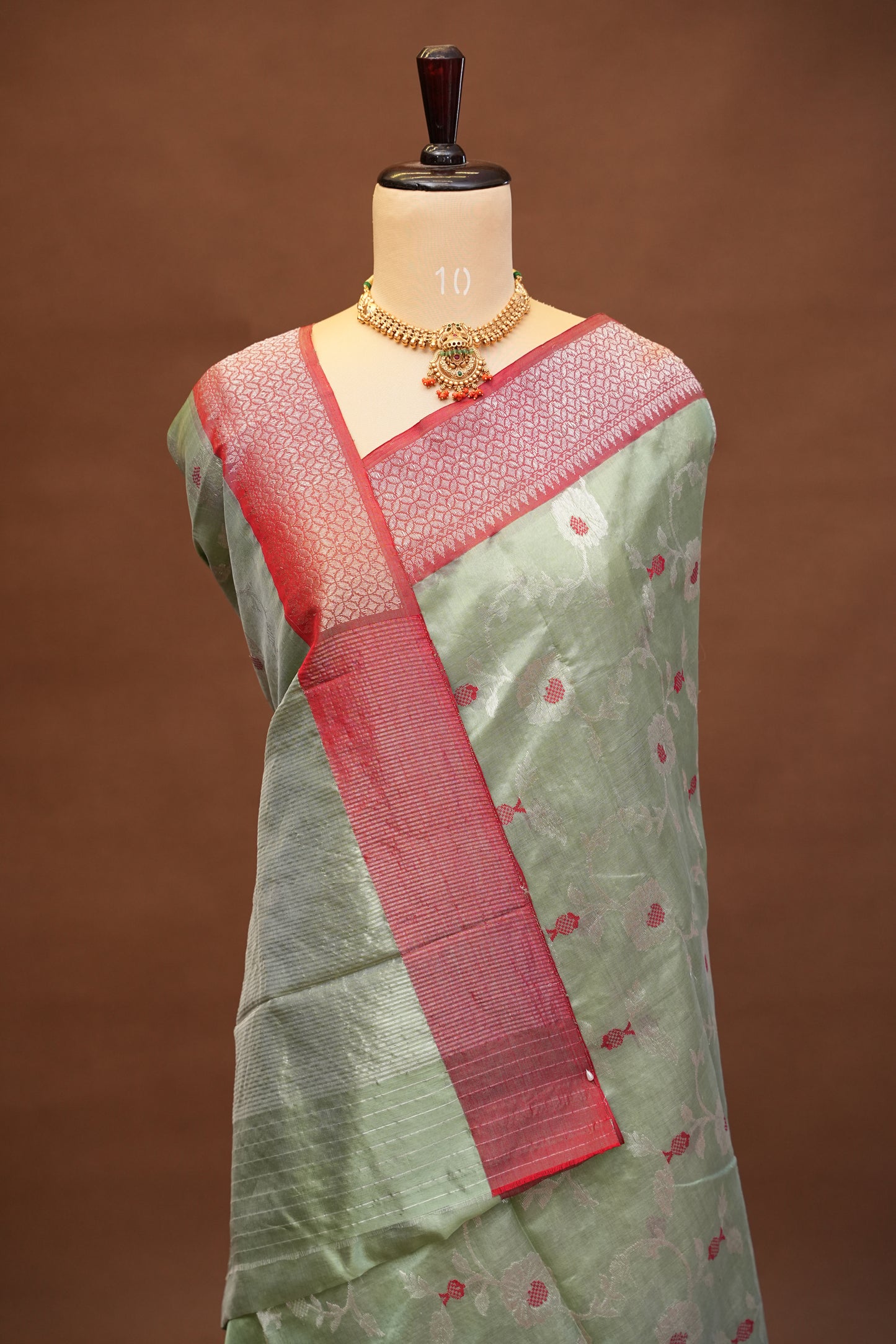 Pure Chanderi Silk Saree with Zari Buttas & Tissue Border - Sea Green