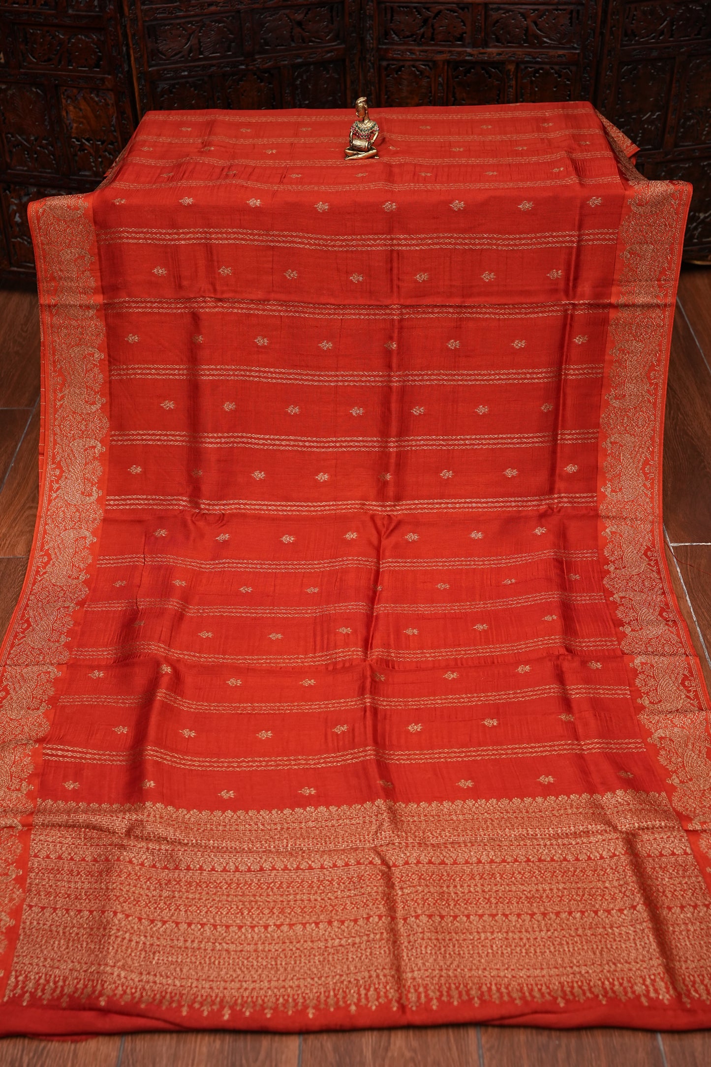 Tussar Banarasi Raw Silk Saree with Handloom Peacock Border – Deep Orange