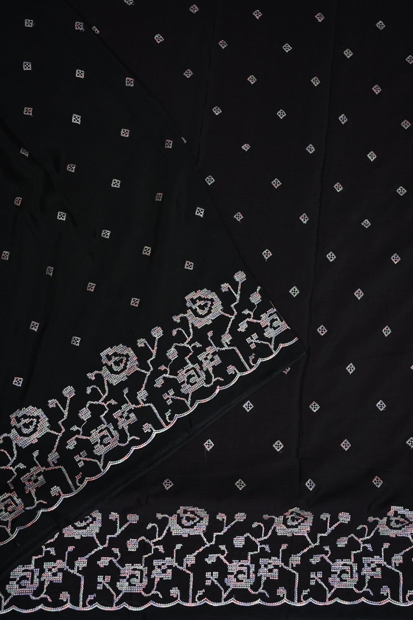 Black Turkey Chiffon Saree with Floral Embroidered Border